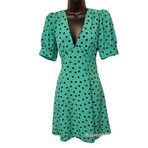 Topshop Green & Black Polka Dot Puff Sleeve Mini Dress Size 6 Excellent Conditio